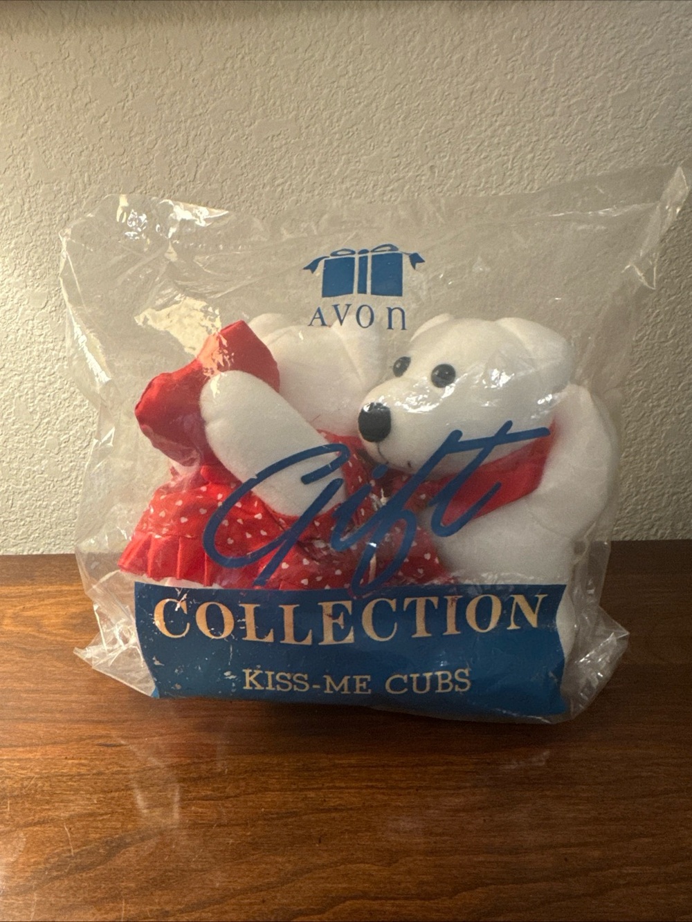 Avon White Plush Bear with Red Polka-Dot Dress - Vintage